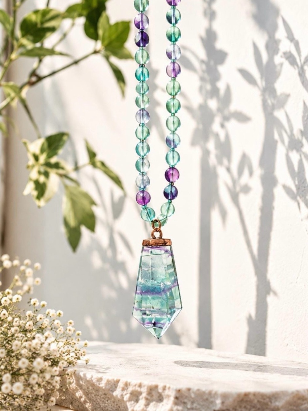 Handmade Rainbow Fluorite Beaded Necklace Crystal Pendant Purple Green